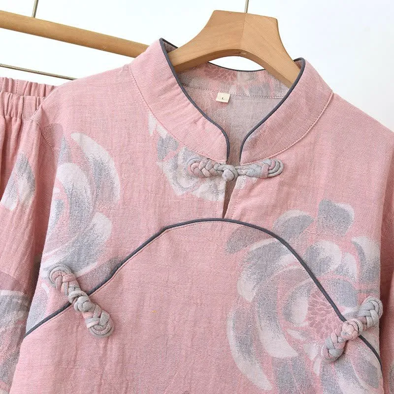 Baumwoll-Pyjama-Set mit Pfingstrosenmuster und Stehkragen