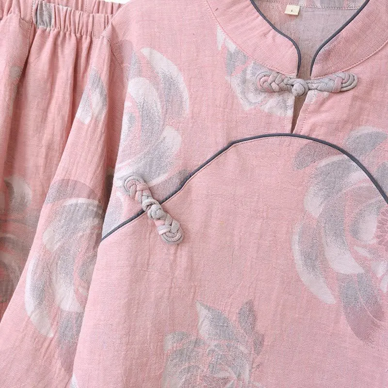 Baumwoll-Pyjama-Set mit Pfingstrosenmuster und Stehkragen