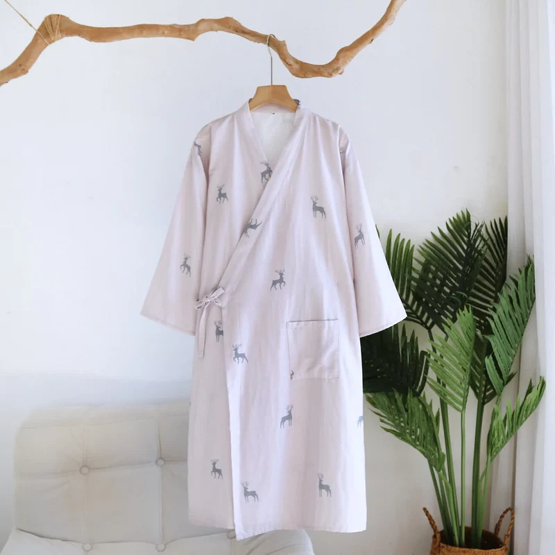 Kimono-Bademantel aus Baumwollgaze mit Hirschmotiv für Paare