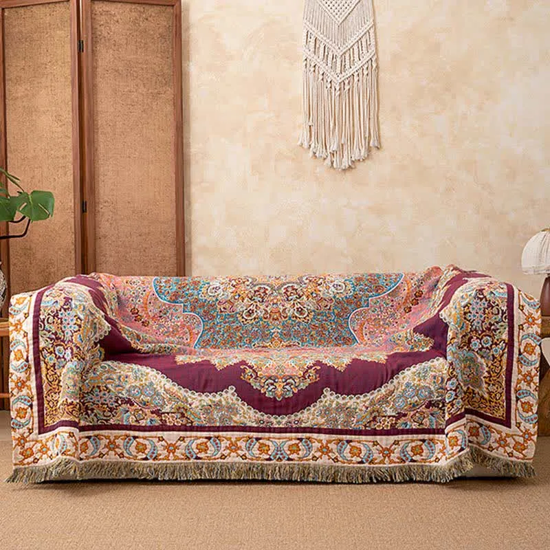 Retro-Baumwoll-Steppdecke mit Ethno-Muster und Quasten