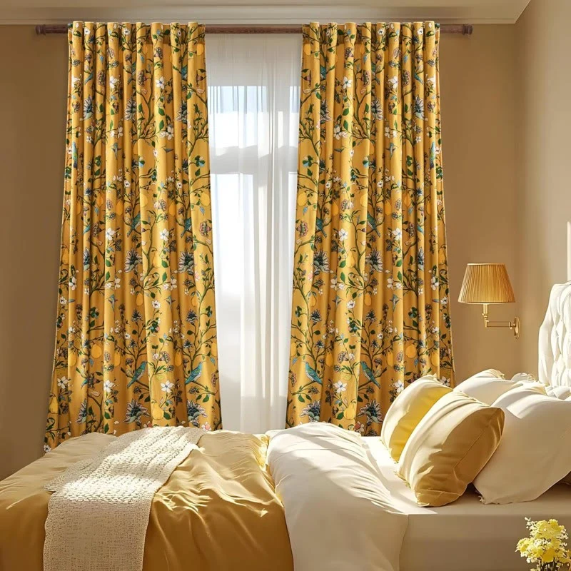 Vintage-Gardine im Landhausstil mit Vogel- und Blumenmotiven