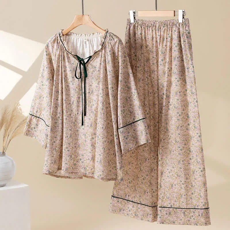 Ländliches, florales Baumwoll-Loungewear-Set mit Rüschen