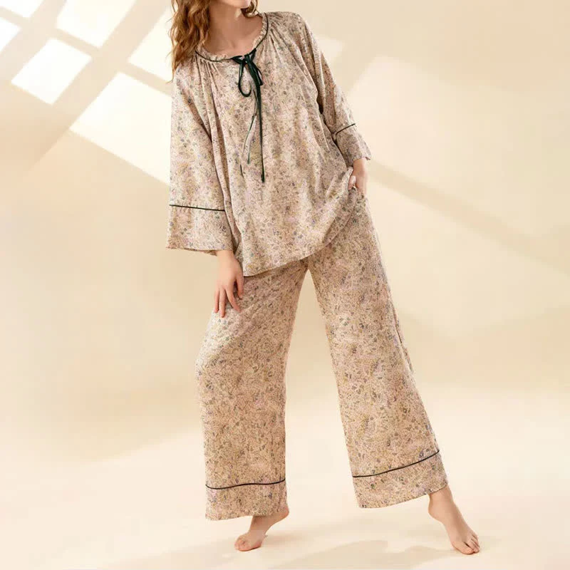 Ländliches, florales Baumwoll-Loungewear-Set mit Rüschen