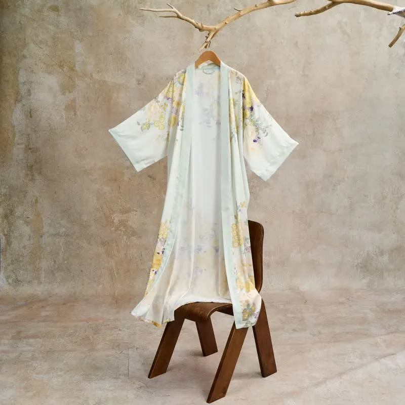 Orientalischer gelber Bademantel im Kimono-Stil mit Blumenmuster
