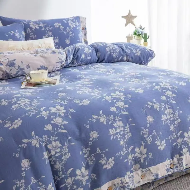 Bettwäsche-Set „Blue Lily“ aus Baumwollgaze (4-teilig)