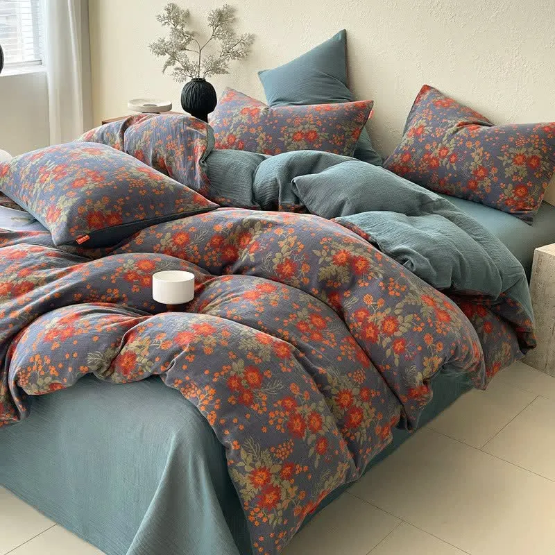 Retro-Bettwäscheset aus Baumwollgaze mit Blumenmuster (4-teilig)
