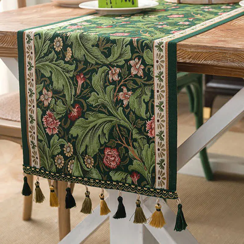Tischläufer mit tropischem Blatt-Jacquardmuster und Quasten