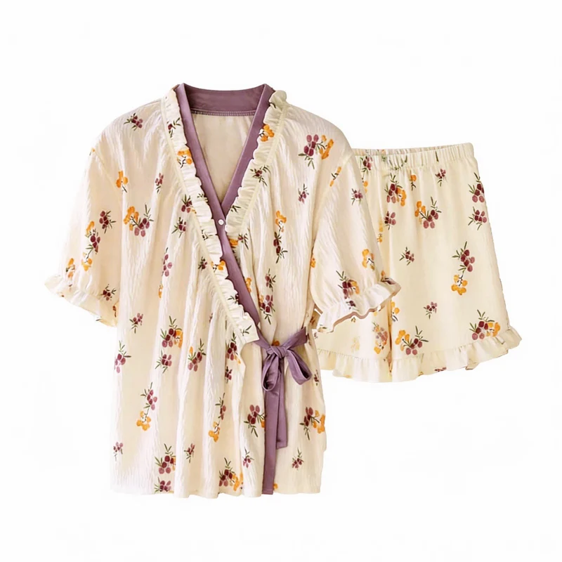 Rustikales Pyjama-Set mit Rüschenärmeln in Beerenfarben