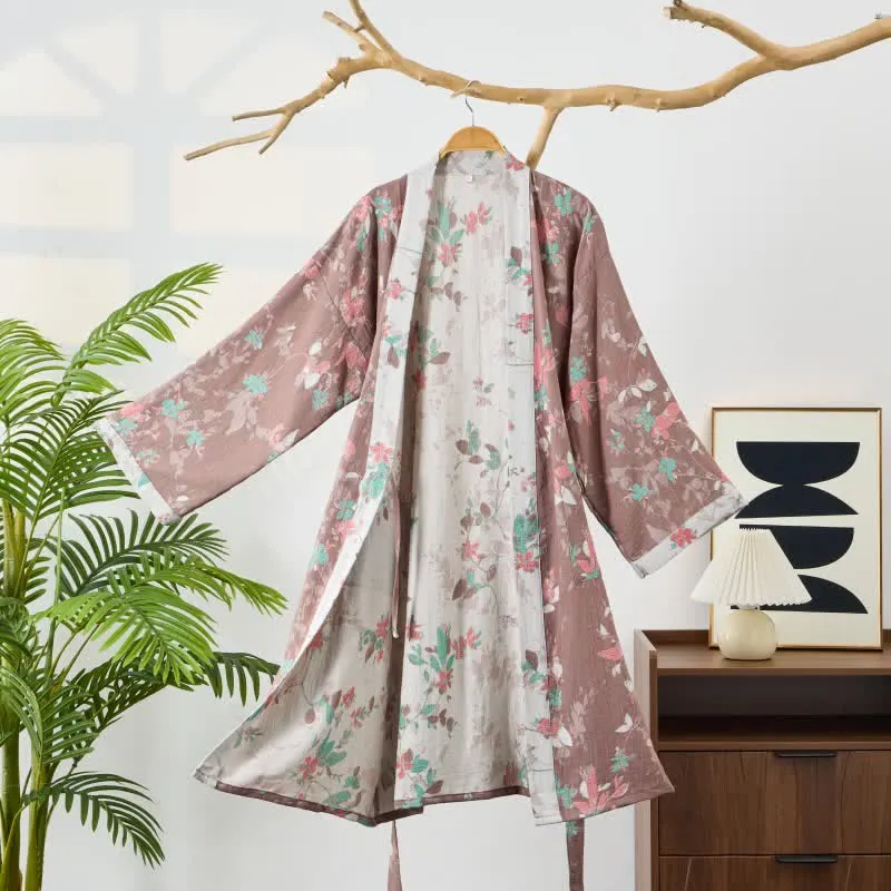 Kimono-Bademantel aus Baumwollgaze mit Vintage-Blumenmuster