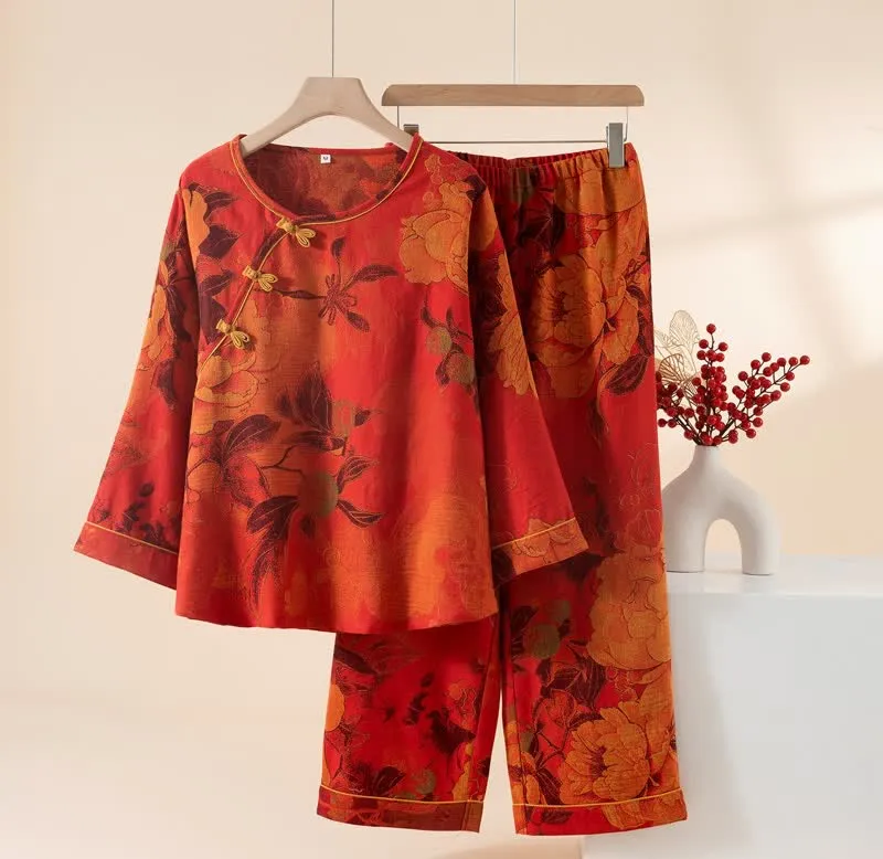 Luxuriöses Pyjama-Set aus reiner Baumwolle mit Pfingstrosenmuster