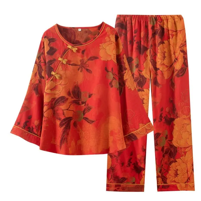 Luxuriöses Pyjama-Set aus reiner Baumwolle mit Pfingstrosenmuster