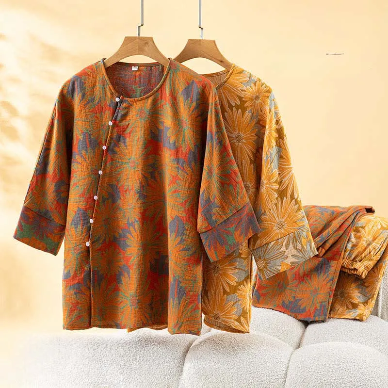 Retro-Sonnenblumen-Pyjama-Set aus reiner Baumwolle