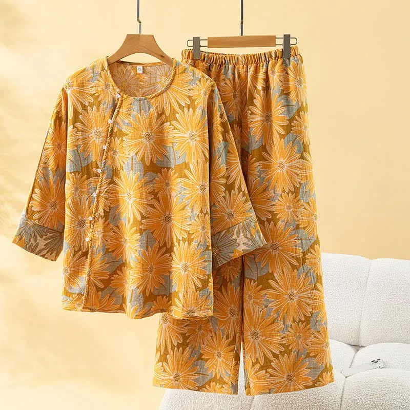 Retro-Sonnenblumen-Pyjama-Set aus reiner Baumwolle