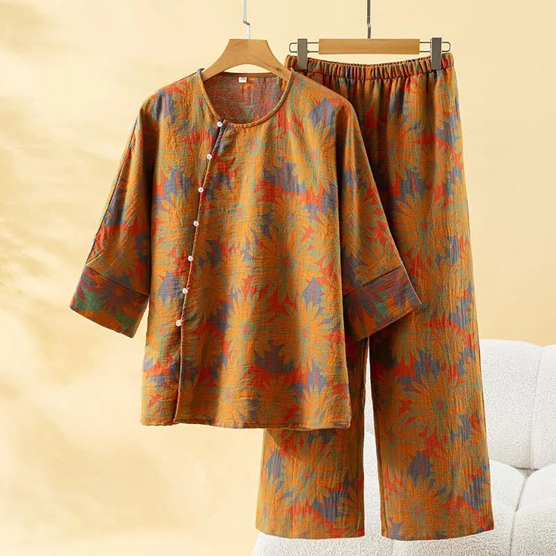 Retro-Sonnenblumen-Pyjama-Set aus reiner Baumwolle