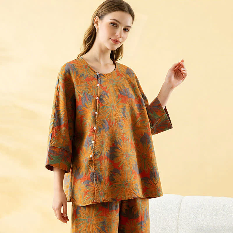 Retro-Sonnenblumen-Pyjama-Set aus reiner Baumwolle