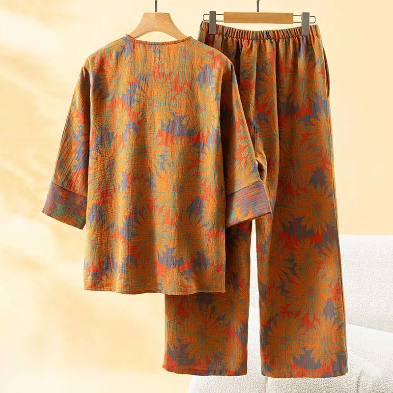 Retro-Sonnenblumen-Pyjama-Set aus reiner Baumwolle