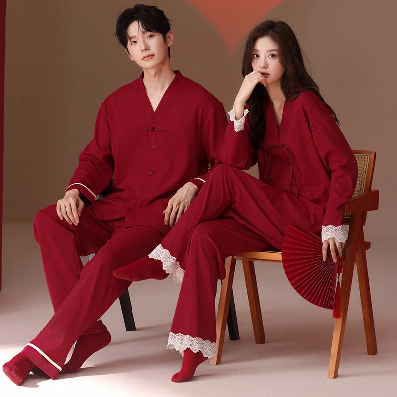 Vintage Baumwoll-Pyjama-Set für Paare mit V-Ausschnitt