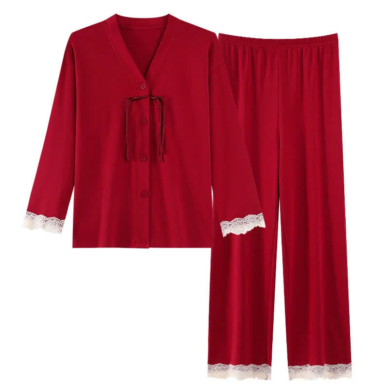 Vintage Baumwoll-Pyjama-Set für Paare mit V-Ausschnitt