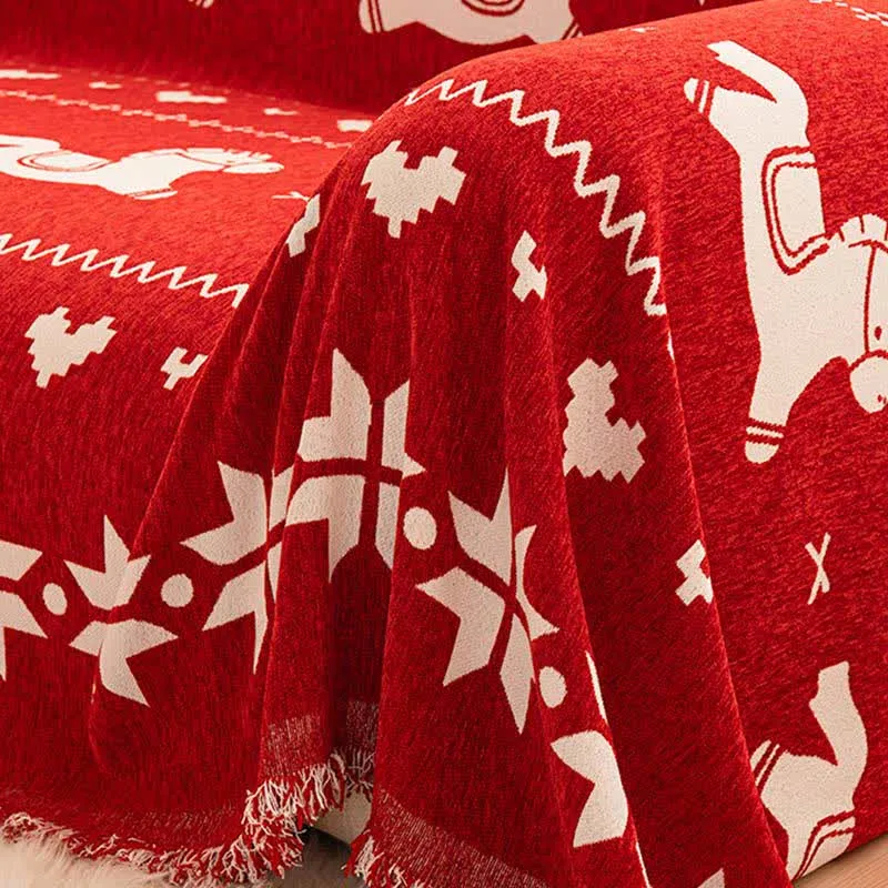 Neujahrs-Chenille-Sofabezug mit Glückspferd