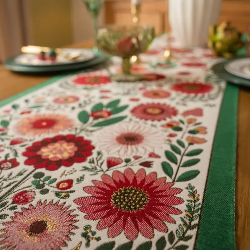 Tischläufer aus rosafarbenem Jacquard-Blumenmuster mit Quasten