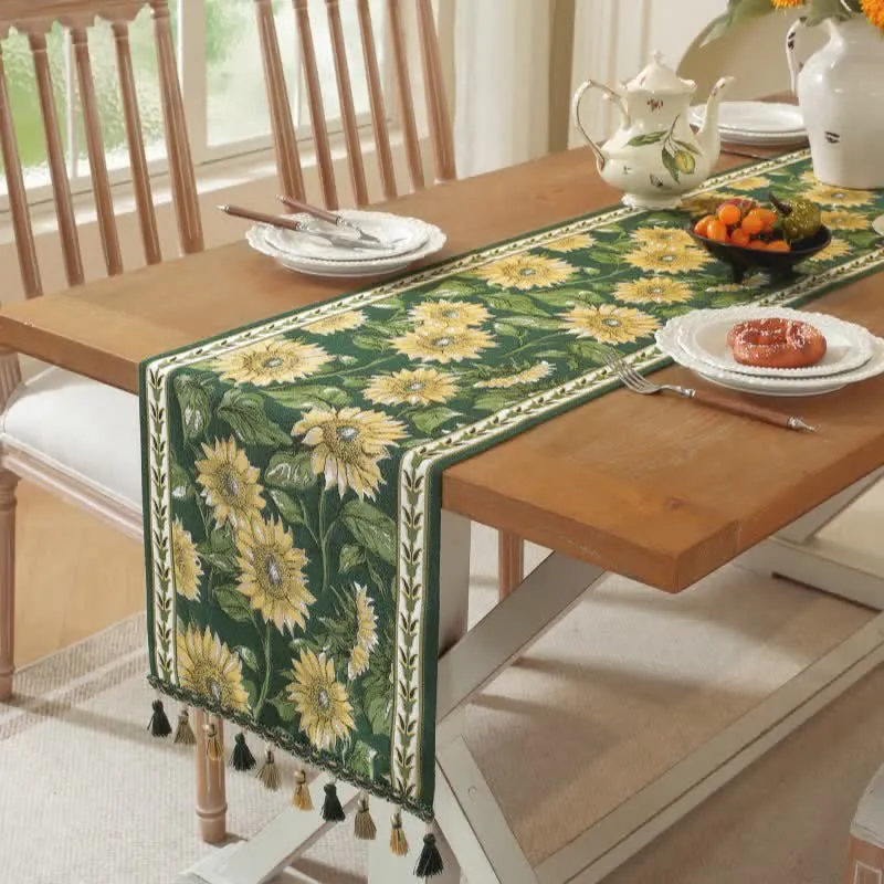 Tischläufer mit Sonnenblumen-Jacquardmuster und Quasten