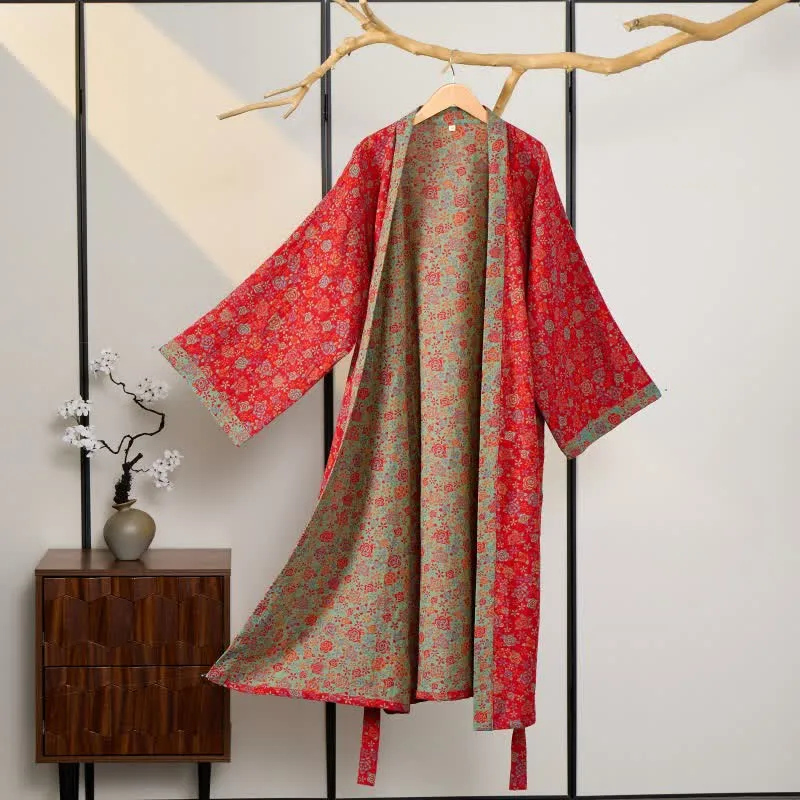 Romantischer Kimono-Bademantel aus Baumwolle mit Rosenmuster