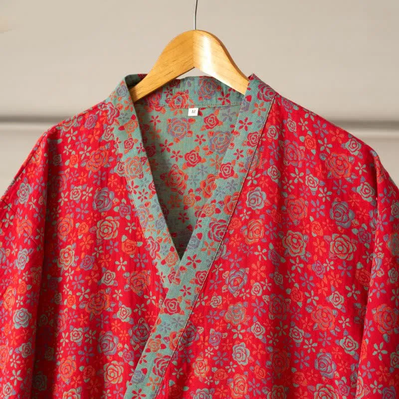 Romantischer Kimono-Bademantel aus Baumwolle mit Rosenmuster