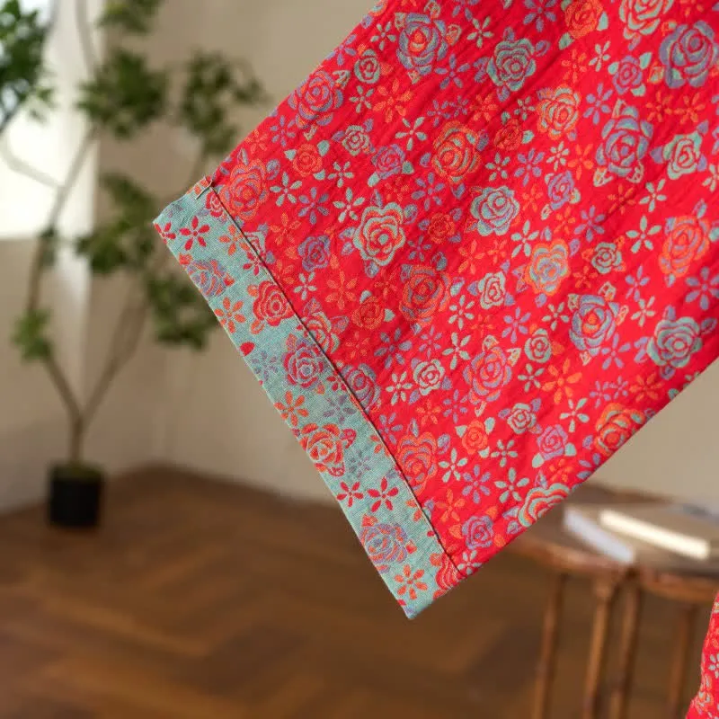 Romantischer Kimono-Bademantel aus Baumwolle mit Rosenmuster
