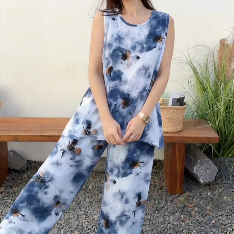 Blaues Batik-Pyjama-Set aus Tanktop und Hose