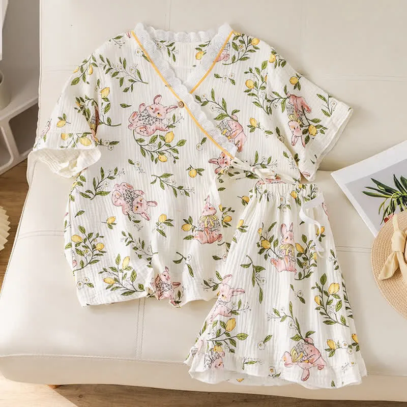 Pyjama-Set aus Baumwollgaze mit Zitrone und Hase