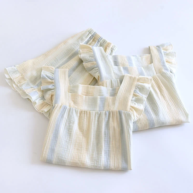 Tanktop-Loungewear aus Baumwollgaze mit Streifen und Rüschenbesatz