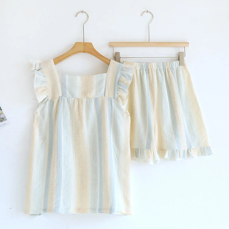 Tanktop-Loungewear aus Baumwollgaze mit Streifen und Rüschenbesatz