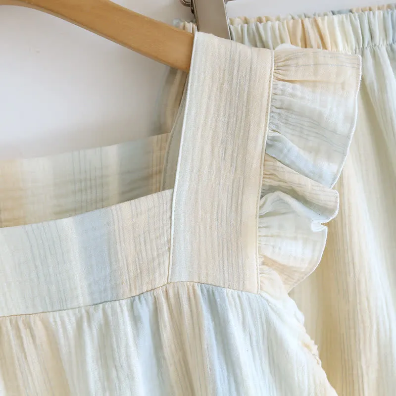 Tanktop-Loungewear aus Baumwollgaze mit Streifen und Rüschenbesatz