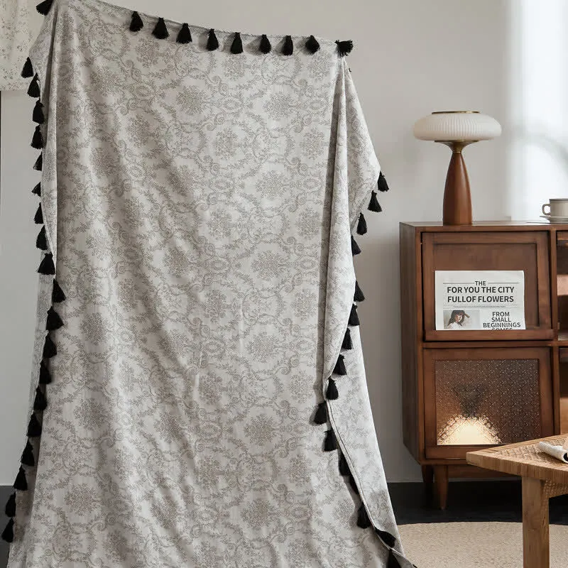 Vintage-Decke aus Baumwoll-Leinen-Mischgewebe mit botanischem Jacquardmuster