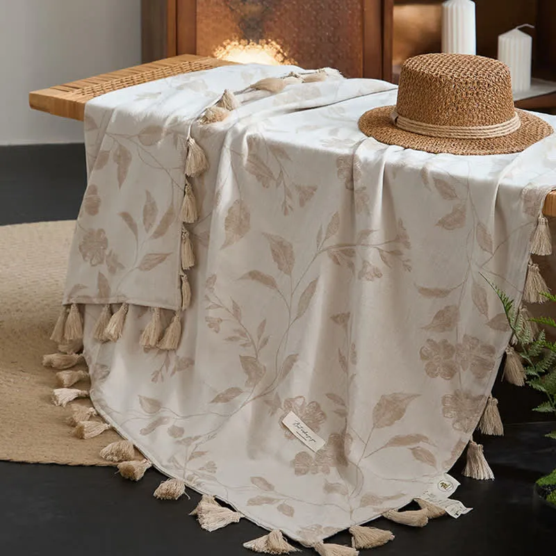 Sofadecke aus Baumwoll-Leinen-Mischgewebe mit Jacquardmuster und floralem Blattmuster