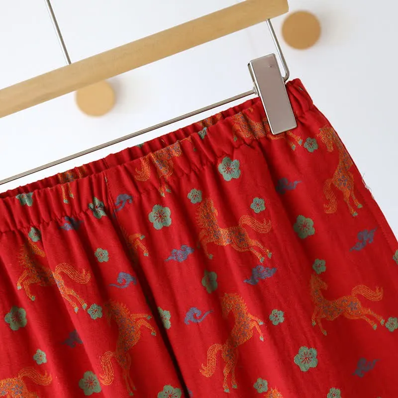 Loungewear-Set aus Baumwollgaze mit Pferdemotiv und Blumenmuster