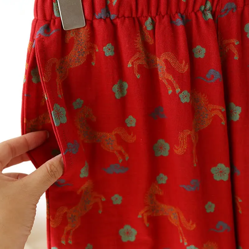 Loungewear-Set aus Baumwollgaze mit Pferdemotiv und Blumenmuster