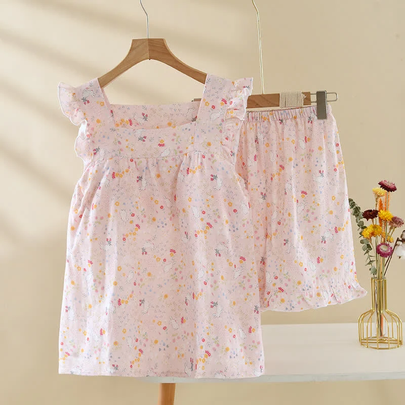 Ärmelloser Pyjama aus Baumwollgaze mit Blumen- und Hasenmuster