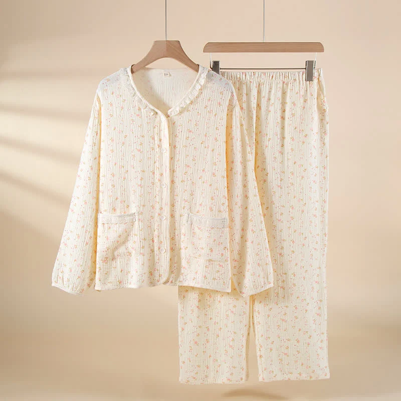 Pyjama-Set aus Baumwollgaze mit Blumenmuster und Rüschen