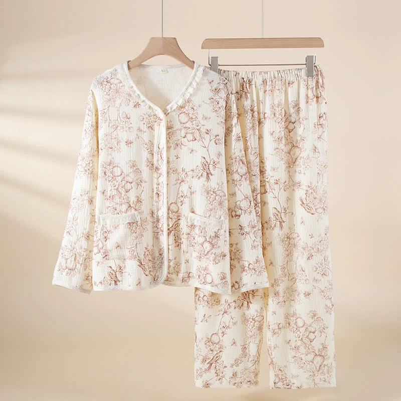 Retro-Pyjama-Set aus Baumwollgaze mit Rüschen und Blumenmuster