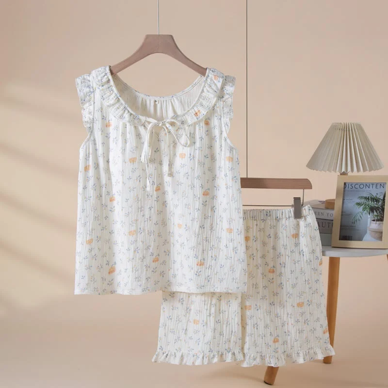 Ärmelloser Pyjama aus Baumwollgaze mit Kürbis- und Blattmotiven