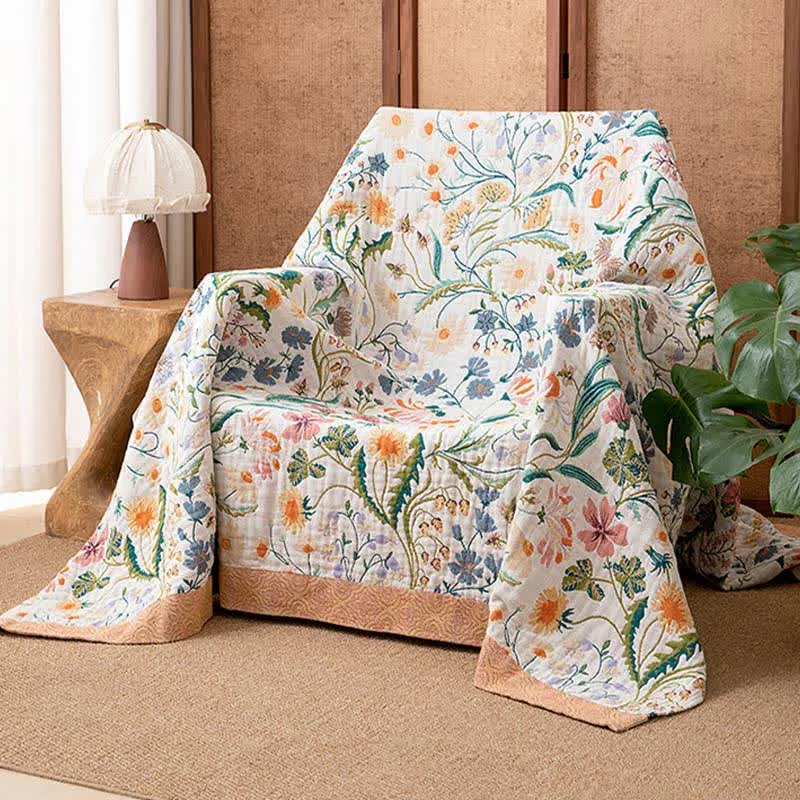 Sofadecke mit botanischem Blumenmuster aus Baumwolle