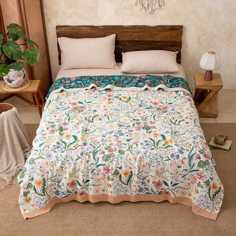 Sofadecke mit botanischem Blumenmuster aus Baumwolle