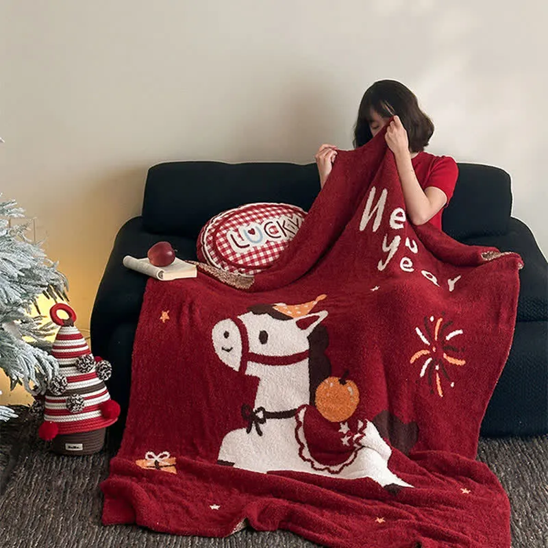 Ownkoti Wunderschöne, festliche Strickdecke mit Pferdemotiv