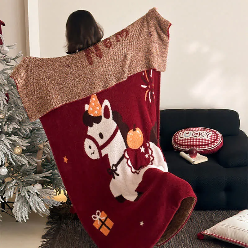 Ownkoti Wunderschöne, festliche Strickdecke mit Pferdemotiv
