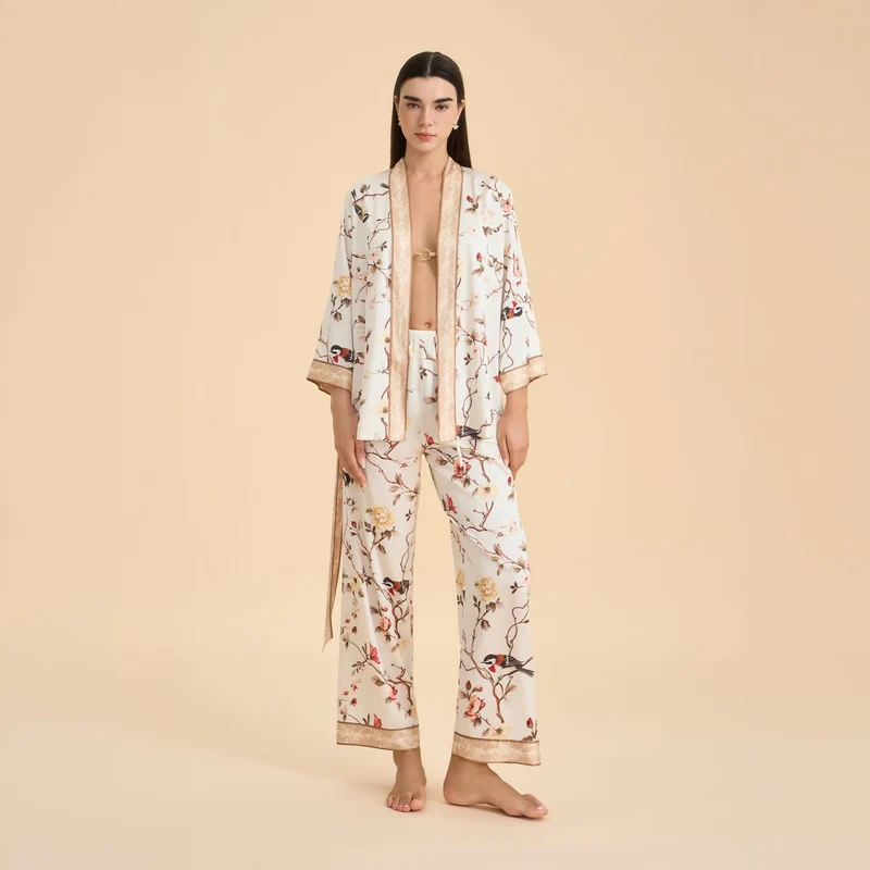 Vintage Kimono-Loungewear-Set mit Blumenmuster und Vogelmotiven