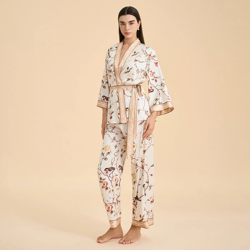 Vintage Kimono-Loungewear-Set mit Blumenmuster und Vogelmotiven