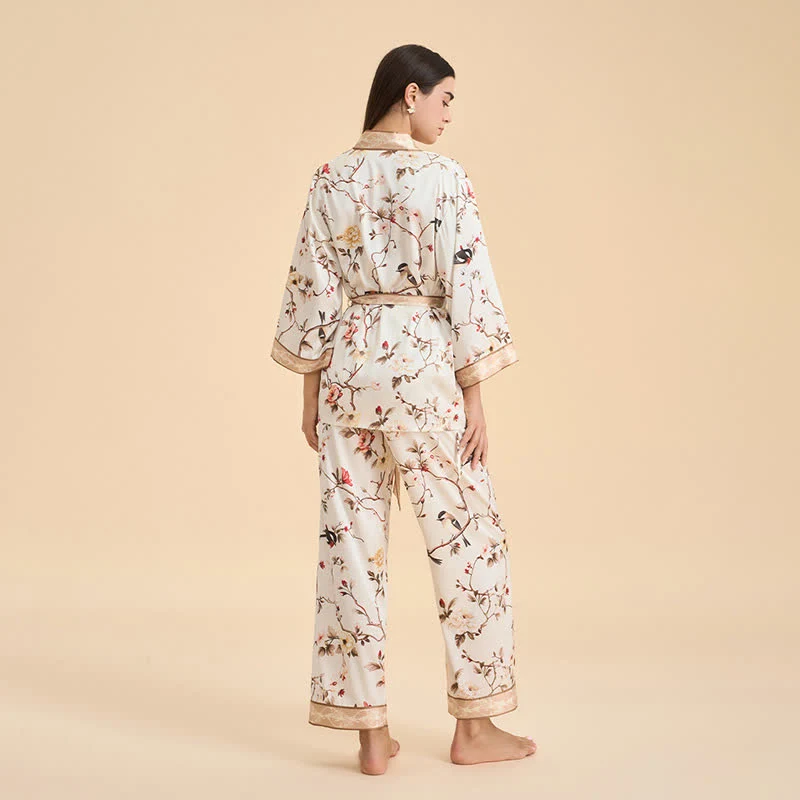 Vintage Kimono-Loungewear-Set mit Blumenmuster und Vogelmotiven