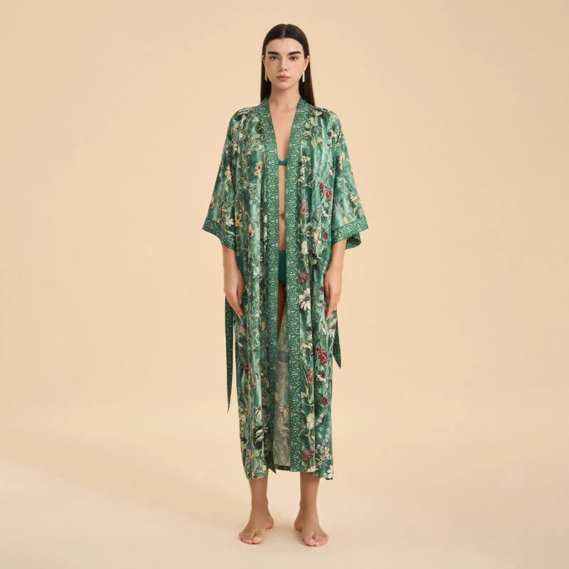 Grüner Bademantel im Kimono-Stil mit botanischem Blumenmuster