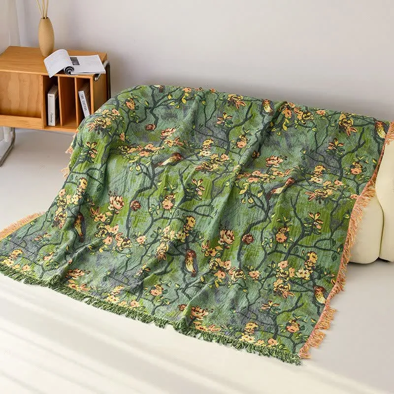 Künstlerische Waldvogel-Sofadecke aus Baumwollgaze
